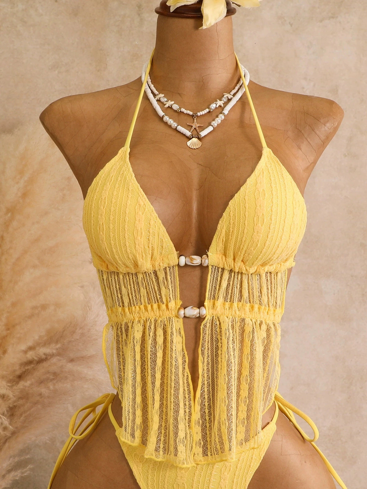 DEKA Sexy Yellow Triangle Bikini Set Women Halter Mesh Stone Swimwear Bandage Cross Crop Top Two Piece Swimsuit Beach Bathing Su