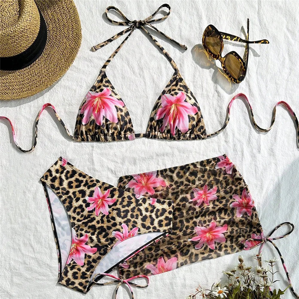 Leopard Print Swimwear Cover Ups String Halter Triangle Bikinis 2026 Mujer Sexy Swimsuits Women Bathing Suit 3 Piece Bikini Set