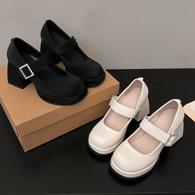 Elegant Chunky Heel Mary Jane Shoes Women 2025 Crystal Buckle Strap Platform Pumps Woman Thick High Heeled Party Shoes Ladies