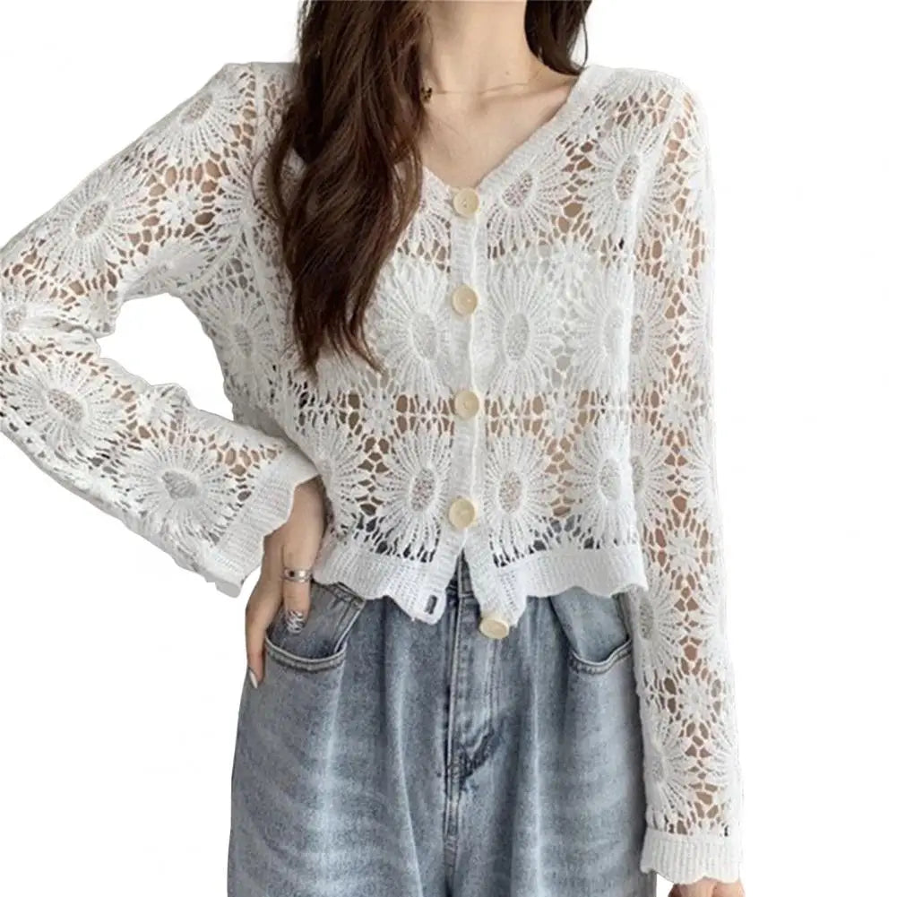 3/4 Sleeve Hollow Out Open Front Sheer Sweater Crochet Cardigan for Women Lightweight Boho Summer Beach Knit Shrug