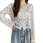 3/4 Sleeve Hollow Out Open Front Sheer Sweater Crochet Cardigan for Women Lightweight Boho Summer Beach Knit Shrug
