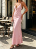Summer Women's Satin Long Dress Spaghetti Strap Sleeveless V Neck Cutout Slim Fit Elegant Dress for Party Evening Solid Color