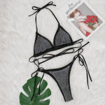 DEKA Rhinestone Beige Bikini Set Women Luxury Drill Halter Black Lace Up Micro Swimsuit Brazilian Bathing Suit Triangle Swimwear