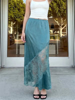 Fashion Stylish Women's Long Skirt Solid Color Satin Lace Patchwork Mid Rise Skirt for Spring Summer