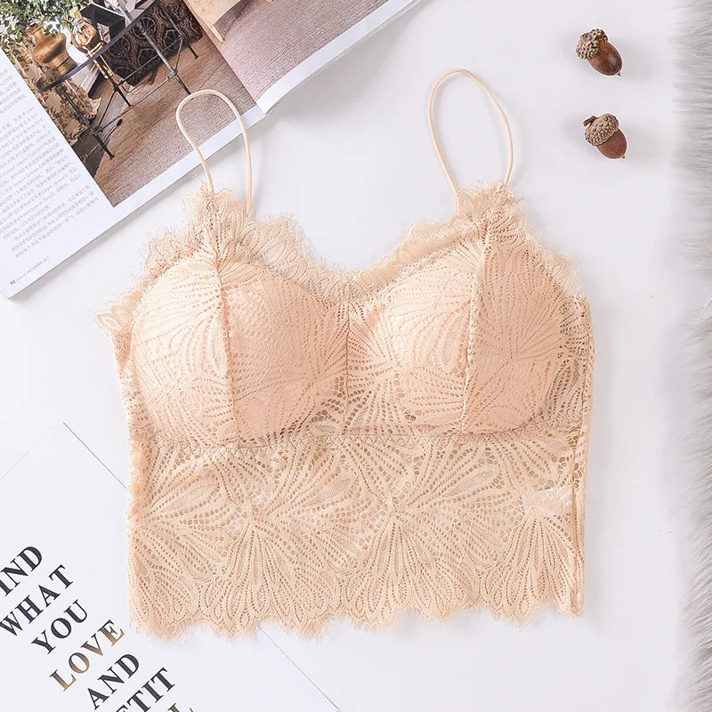 Women Floral Lace Bra Female Underwear Sexy Lingerie Lace Top Removable Pads Non-wire Solid Color Bralette Push-Up Brasieres