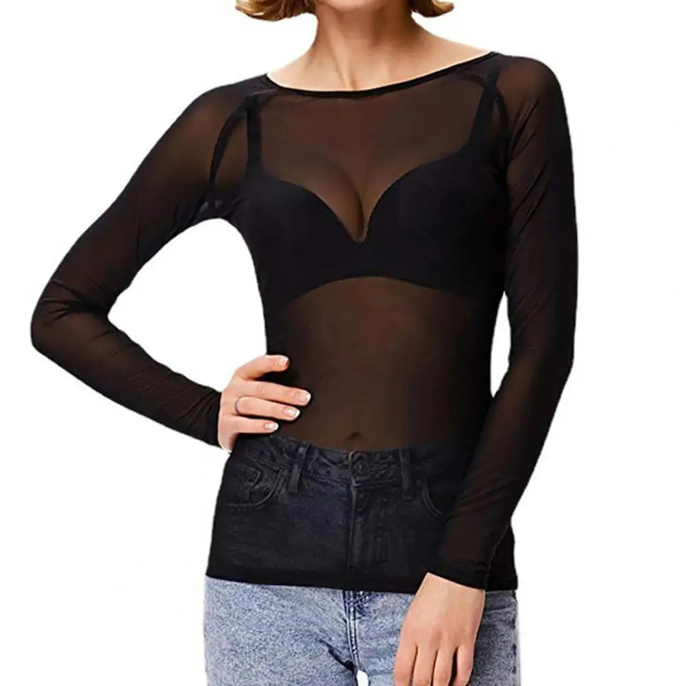 See-through Black Mesh Pullover Tops Women Sexy Skinny Tops O-Neck Long Sleeve Transparent Punk Club Tee Shirt