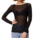 See-through Black Mesh Pullover Tops Women Sexy Skinny Tops O-Neck Long Sleeve Transparent Punk Club Tee Shirt