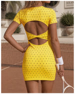 Retro Polka Dot Sports Tennis Dresses Women Quick Drying Round Neck Short Sleeve Back Hollow Cross Slim Yoga Golf Fitness Dress
