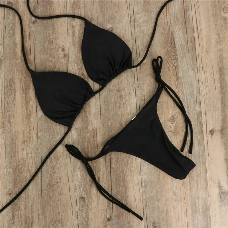 2025 Sexy Halter Solid Color Bikini Set Women's Swimsuit Two-Piece Triangle Thong Swimwear Bathing Suit for Beach Biquinis
