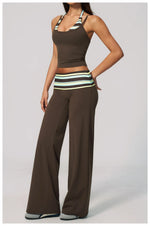 Women's 2 Piece Yoga Set Halter Neck Crop Top Fold Over Waist Wide Legged Flare Trousers Polka Dot Striped Gym Workout Running