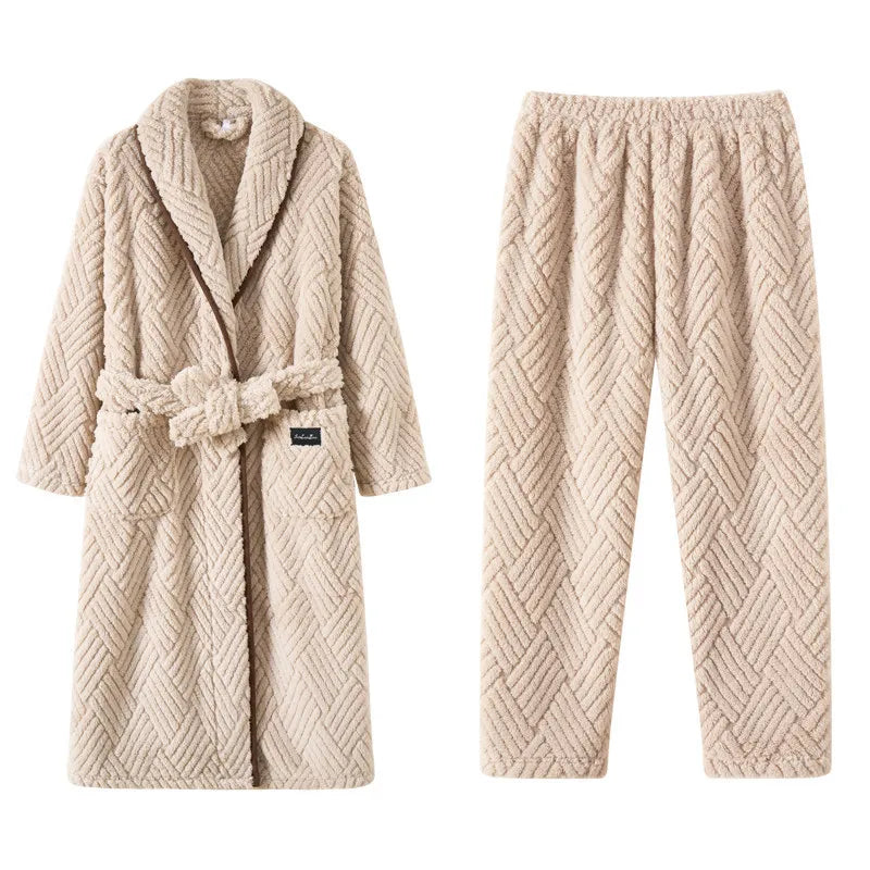 Men Women Jacquard Coral Fleece Bathrobe Autumn Winter Thick Warm Couple Sleepwear Soft Plush Loose Indoor Home Loungewear