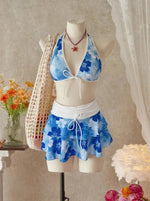 Vintage Pink Floral Print Contrast Bikini Set 2026 Women Drawstring Side Skirt 3 Piece Swimsuit Holiday Bathing Suit Swimwear