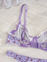 Cherry Print Bralette Set Sweet Lace Trim Women's Lingerie French Style Thin Bra Panty Light Purple Plaid Intimate Underwear Set