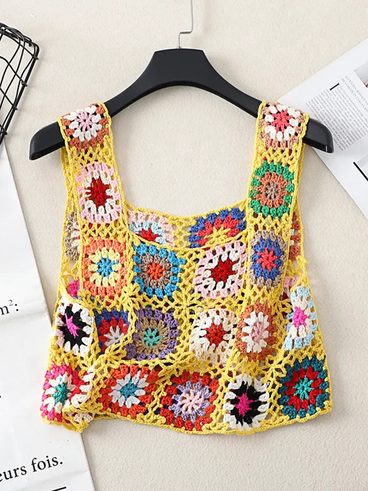 Summer Women Flower Crochet Vest Sleeveless Cover-ups Hollow Out Knit Crop Tops Bohemian Casual Daily Beach Tank Tops