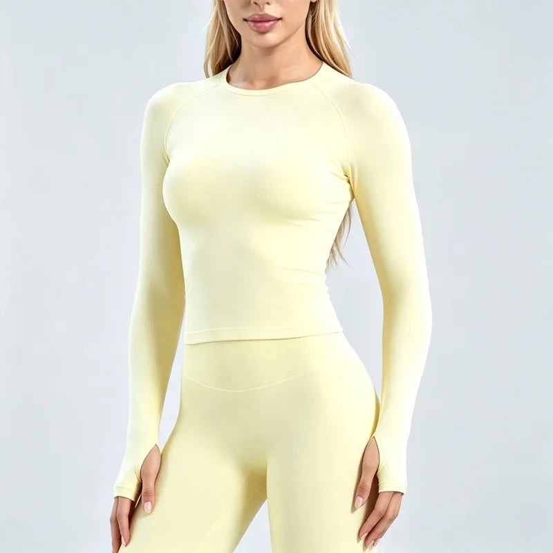 HISTELLO Defy Long Sleeve Top Women Fitness Pilates Clothes Seamless Round Neck Sports Shirt Slim Fit Activewear Gym Workout Top