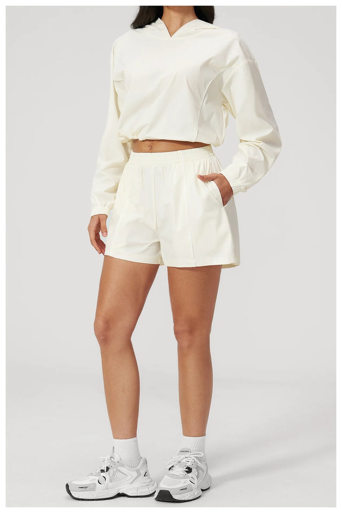 Summer Sun Protection Yoga Suit Women Contrasting Colors Long Sleeve Hoodies Top High Waist Shorts Running Fitness Athletic Wear