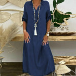 Autumn Spring Women Dress V Neck Loose Short Sleeves with Cufflink Split Hem Dress Buttons Pullover A-line Beach Maxi Dress