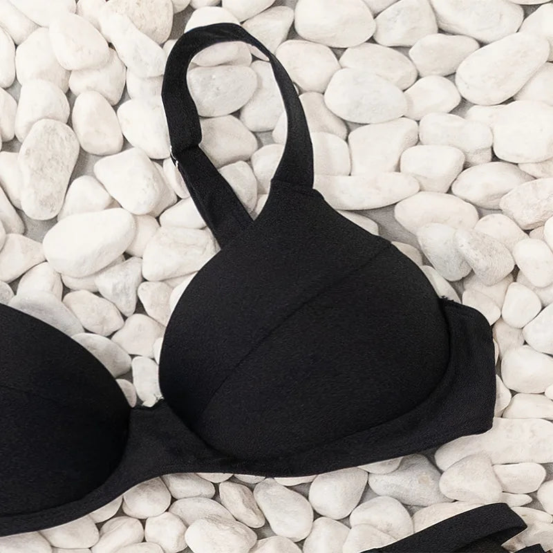 Solid Color Black Two Piece Swimsuit for Women Sexy Underwire V-neck Suspender Backless Bikini Set High Waist Beach Swimwear