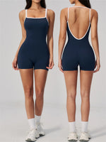 Tight Fitting One-piece Yoga Suit Women Color Bloack Square Collar Hollow Out Backless Butt-Lifting Gym Sports Short Jumpsuit