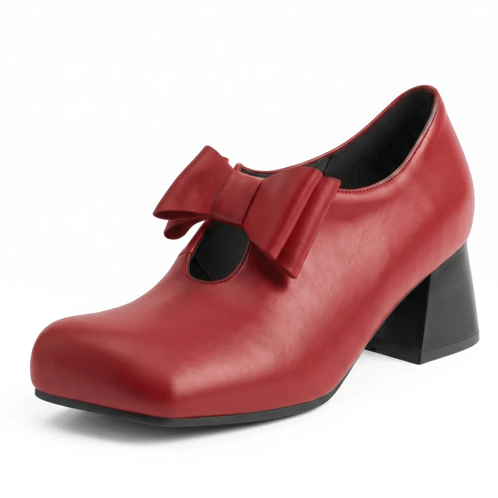 Plus Size 52 Soft Faux Leather Mary Jane Heels Pumps Big Bow Square Toe 5cm Chunky Block Heel Vintage Office Dress Shoes Women