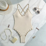 V Neck Wrinkled Ribbed Cross Backless One Piece Swimsuit Women Swimwear Female High Leg Cut Monokini Bather Bathing Suit Swim