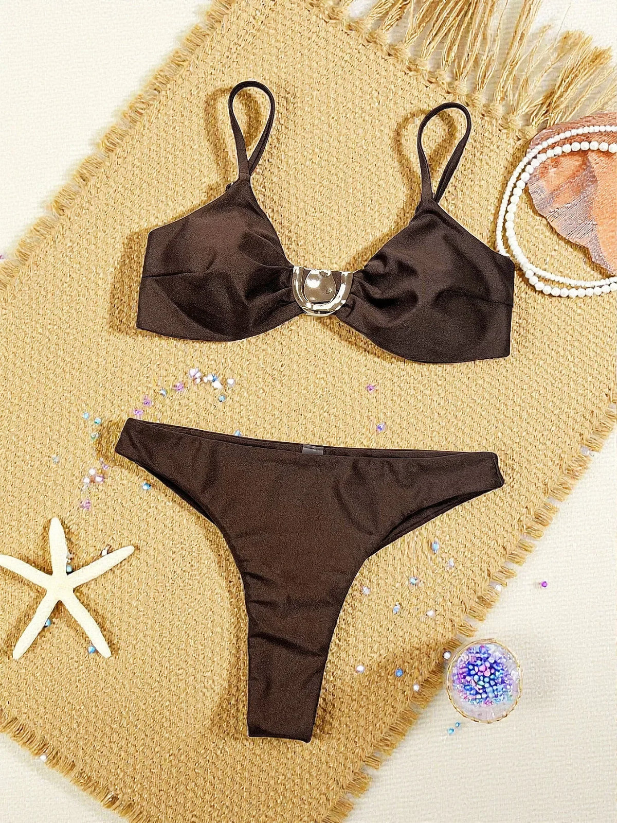 New Metal Buckle Micro Bikini Set 2026 Women Coffee Push Up Bra Bandage High Waist Swimsuit Beach Bathing Suit Swimwear Biquini