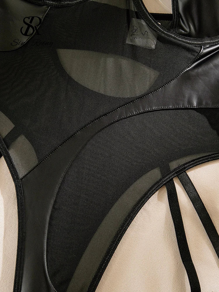 SINGREINYHalter PU Leather Sexy Bodysuits 2025 Streetwear Sensual Club Slim Lingerie Romper Hollow Out Sheer Mesh Playsuits