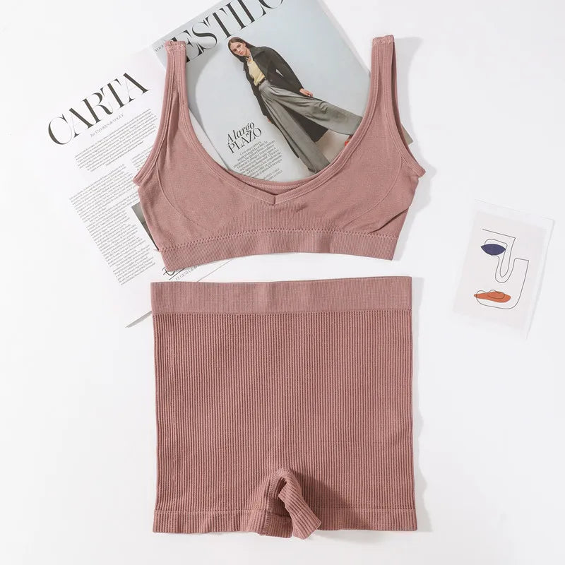 Seamless Bra Set Women V Neck Bra Wireless Brassiere Sexy Lingerie Set Soft Shorts Women's Underwear Set Female Comfy Intimates