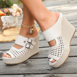 Hollow Out Chunky Wedges Sandals Women Fashion Buckle Peep Toe Super High Heels Sandals Woman Plus Size 43 Platform Slippers