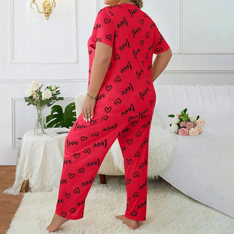 Plus Size 3XL 4XL 5XL Sleepwear Women's Heart Letters Print Pajamas Set Casual Short-Sleeve Top and Pants Loungewear