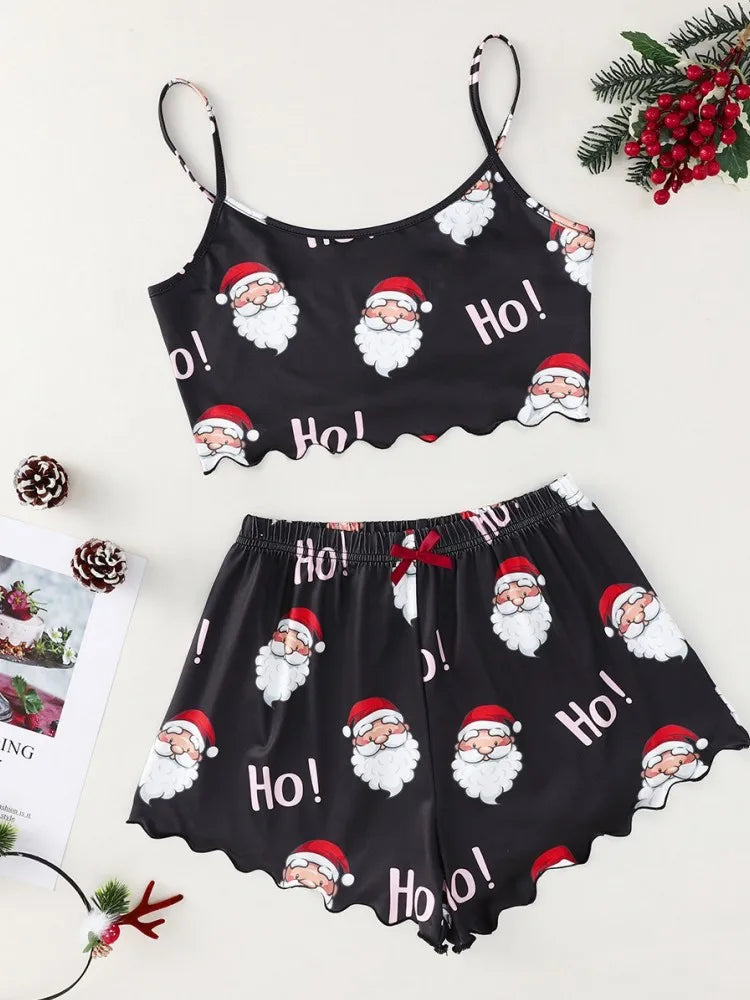 Soft Festival Christmas Cute Gingerbread Print Pajama Set Women's Sleepwear 2 Pieces Crop Tops and Shorts Loungewear