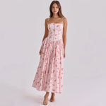 FDYOUI 2026 Summer Floral Print Spaghetti Strap Dress for Woman Elegant Sleeveless High Waist Long Party Evening Dresses Pink
