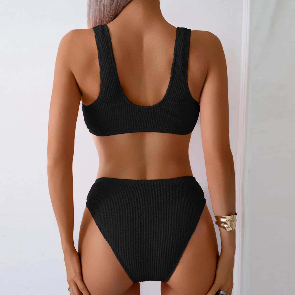 2026 Summer New Women's 2 Piece Swimsuit Solid Color High Waist Bikini Set V-neck Backless Beach Vacation Bathing Suit Swimwear