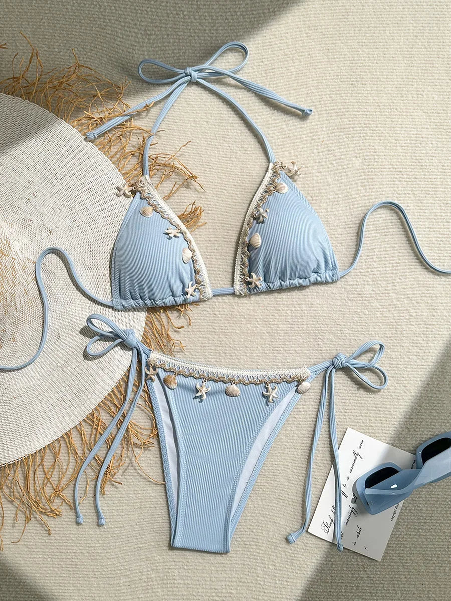 Shell Decoration Ribbed Bikini Women Swimwear Female Swimsuit Two-pieces Bikini Set Halter Strappy Bather Bathing Suit Swim Lady
