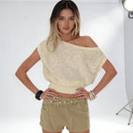 Women Long Sleeve Ribbed Hem and Cuffs Party Autumn Fashion T-shirt Tops Sequined Off Shoulder Knit Top