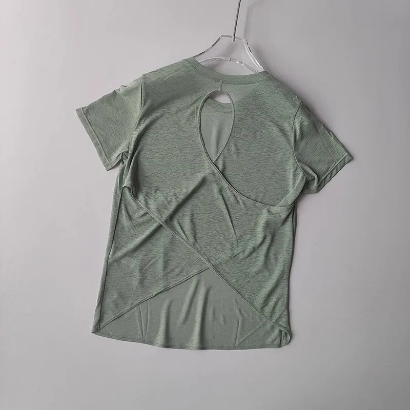 Women's Quick Drying Hollow out Back Sports T-Shirt Yoga Suit Top Short Sleeve Fitness Cover up