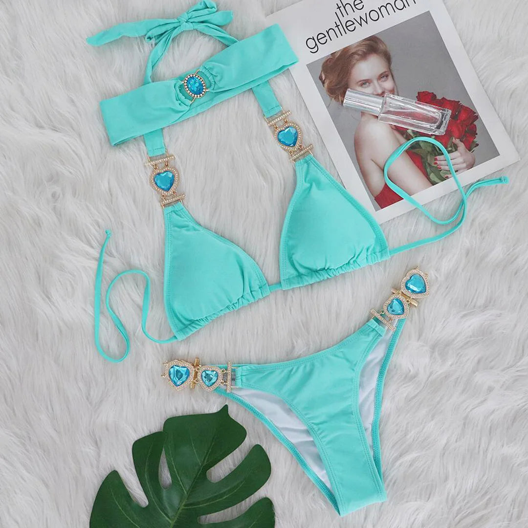 Diamond Rhinestone BikiniFemale Swimsuit Women Swimwear Two-pieces Bikini set With Hairbands Bather Bathing Suit Swim V3047G