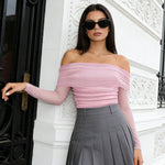 Women Spring Summer Off Shoulder Cropped Tops Slim Long Sleeve Ruched Sheer Going Out T-shirts