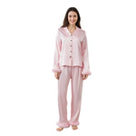 Women Satin Fall 2 Piece Pajama Set Fuzzy Trim Long Sleeve Button-up Tops and Elastic Waist Pants Casual Sleepwear Outfit