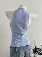 Summer Casual Shirt Women's Blue Striped Halter Top V Neck Button Down Sleeveless Slim Fit Blouse 2026 Y2K Style Streetwear