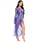 Toucheart Sexy Lace Mesh Transparent Sexy Robe Nightgown Women's See-Through Lace Printing Deep V-Neck Home Ultrathin Nightgown