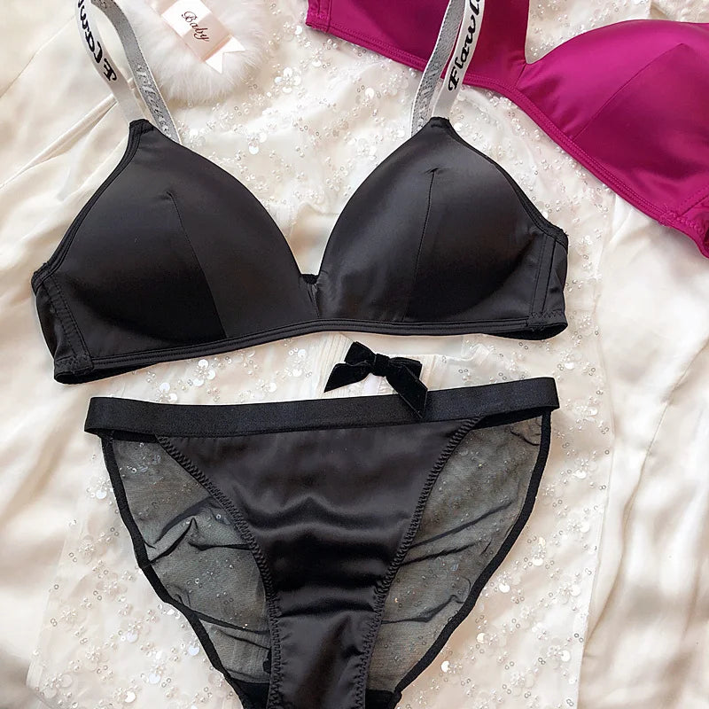 Ice Silk Comfort Underwear Set Women Sexy Deep V Push Up Bra Set Shoulder Strap Letters Adjustable Brassiere and Lace Panties