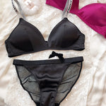 Ice Silk Comfort Underwear Set Women Sexy Deep V Push Up Bra Set Shoulder Strap Letters Adjustable Brassiere and Lace Panties