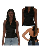 Women Halter Cowl Neck Tank Tops Slim Solid Color Satin Sleeveless Backless Vest for Going Out Party Club