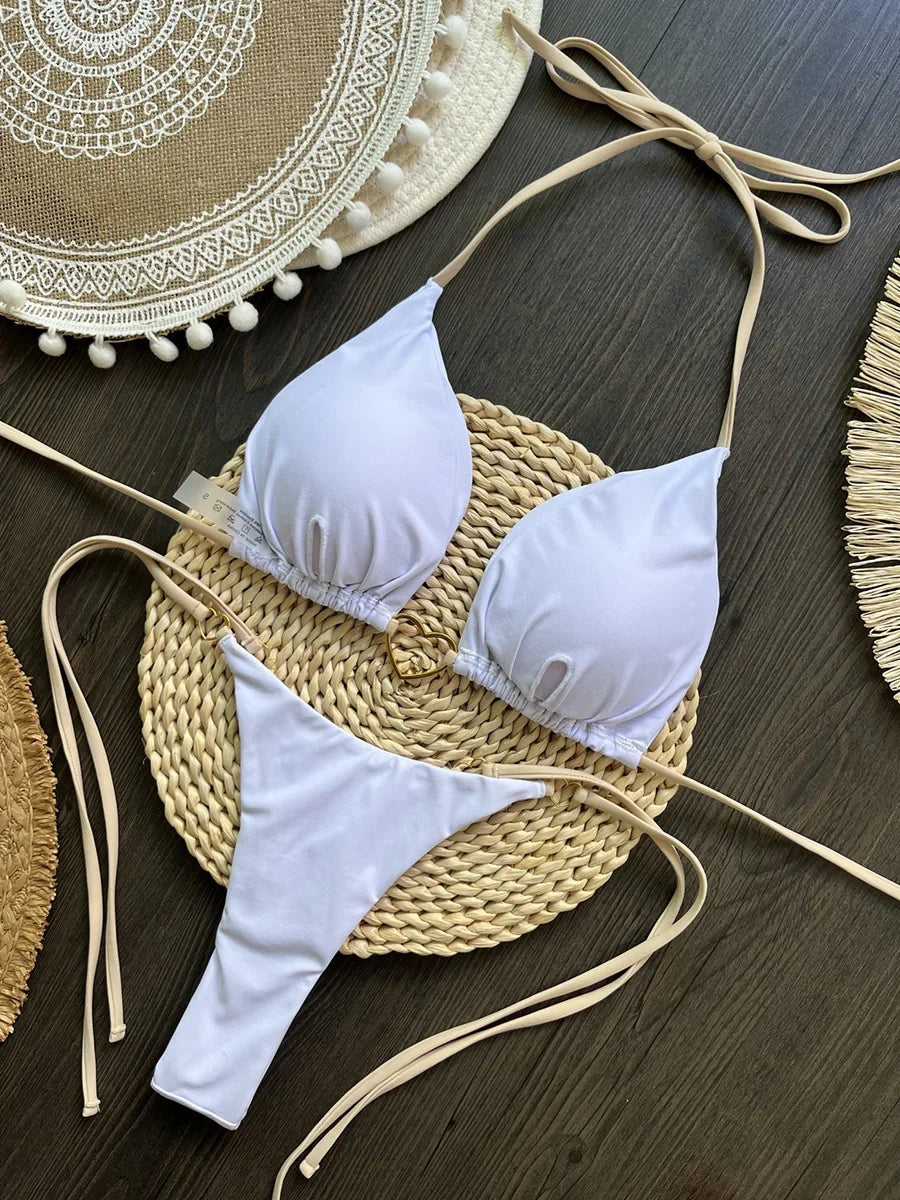 Metal Heart-shaped Halter Brazilian Bikini Female Swimsuit Women Thong Swimwear Two-pieces Bikini Set Bather Bathing Suit Swim