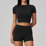 Color Contrast Yoga Suit Women Short Sleeve O Neck Sports T Shirts Tracksuit Outwear High Waist Shorts Gym Running Fitness Suits