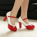 Plus Size Crossed Thin Ribbon Bow Shallow High-Heeled Shoes Patent Leather Splicing White PU Sweet Lolita Style Pumps