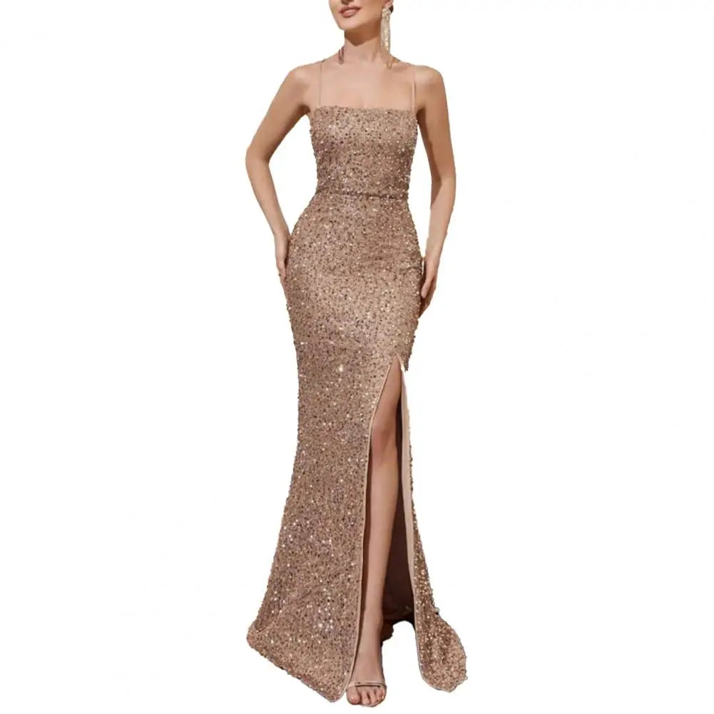 Women's Sparkly Sequin Long Formal Dress Square Neck Backless Split Mermaid Prom Dress Spaghetti Strap Evening Party Gown