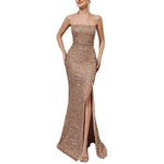 Women's Sparkly Sequin Long Formal Dress Square Neck Backless Split Mermaid Prom Dress Spaghetti Strap Evening Party Gown