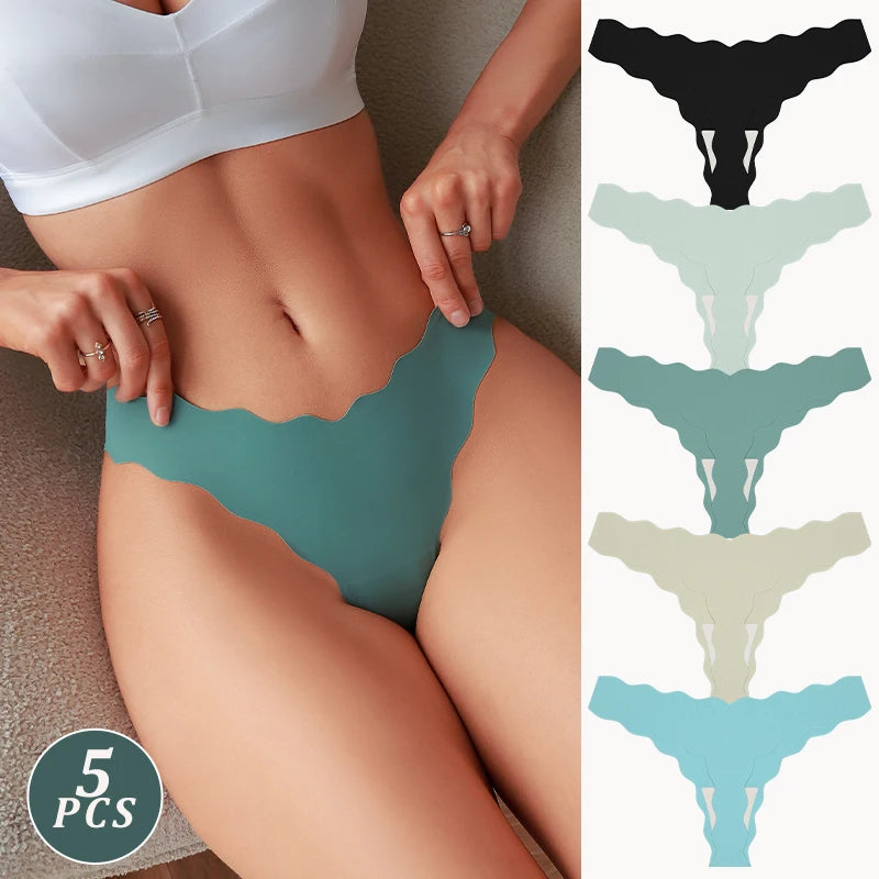 5Pcs Seamless Full-Body Fan-Shaped Wave Decorative Briefs Sexy Thongs Comfortable Breathable Stretch Underwear Women's Lingerie